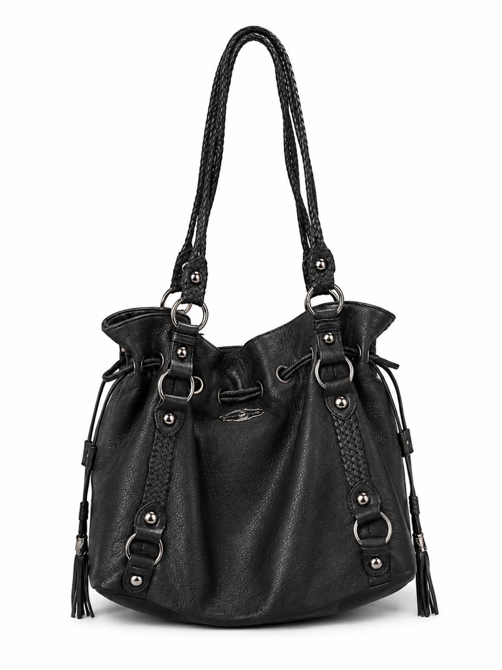 Black Leather Drawstring Shoulder Bag